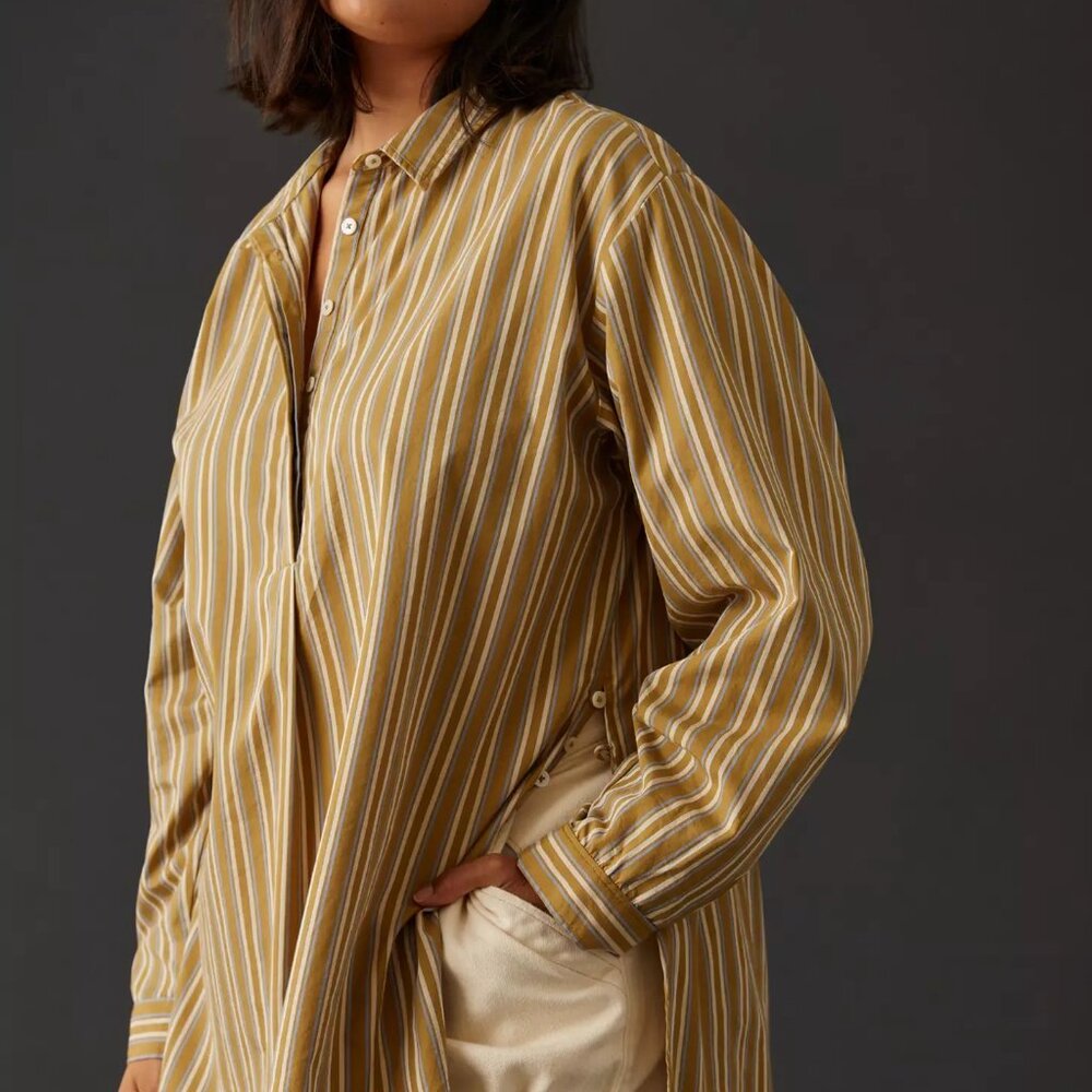 By Anthropologie Olive Green Blue Striped Side-Button Tunic Blouse Size Medium - Picture 5 of 9